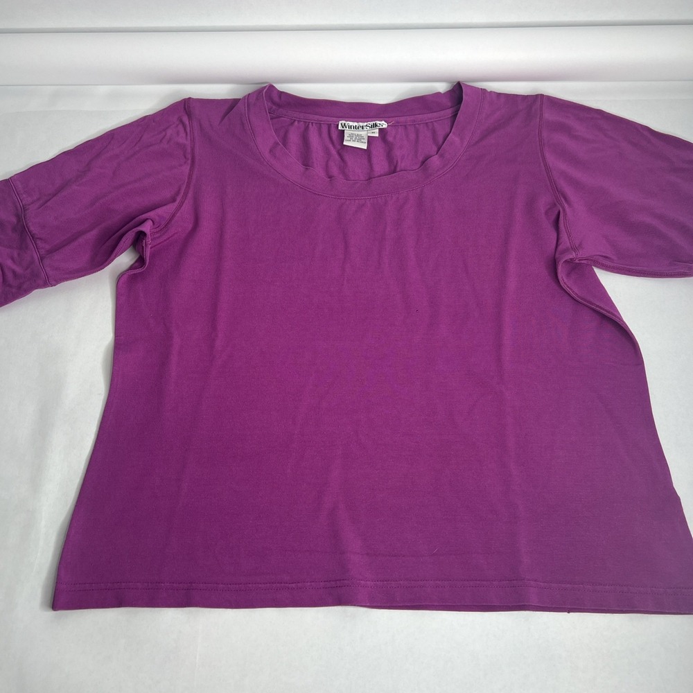 WinterSilks Womens Shirt Top Sz M 3/4 Sleeve Ivory 70% Silk 30% Cotton Magenta